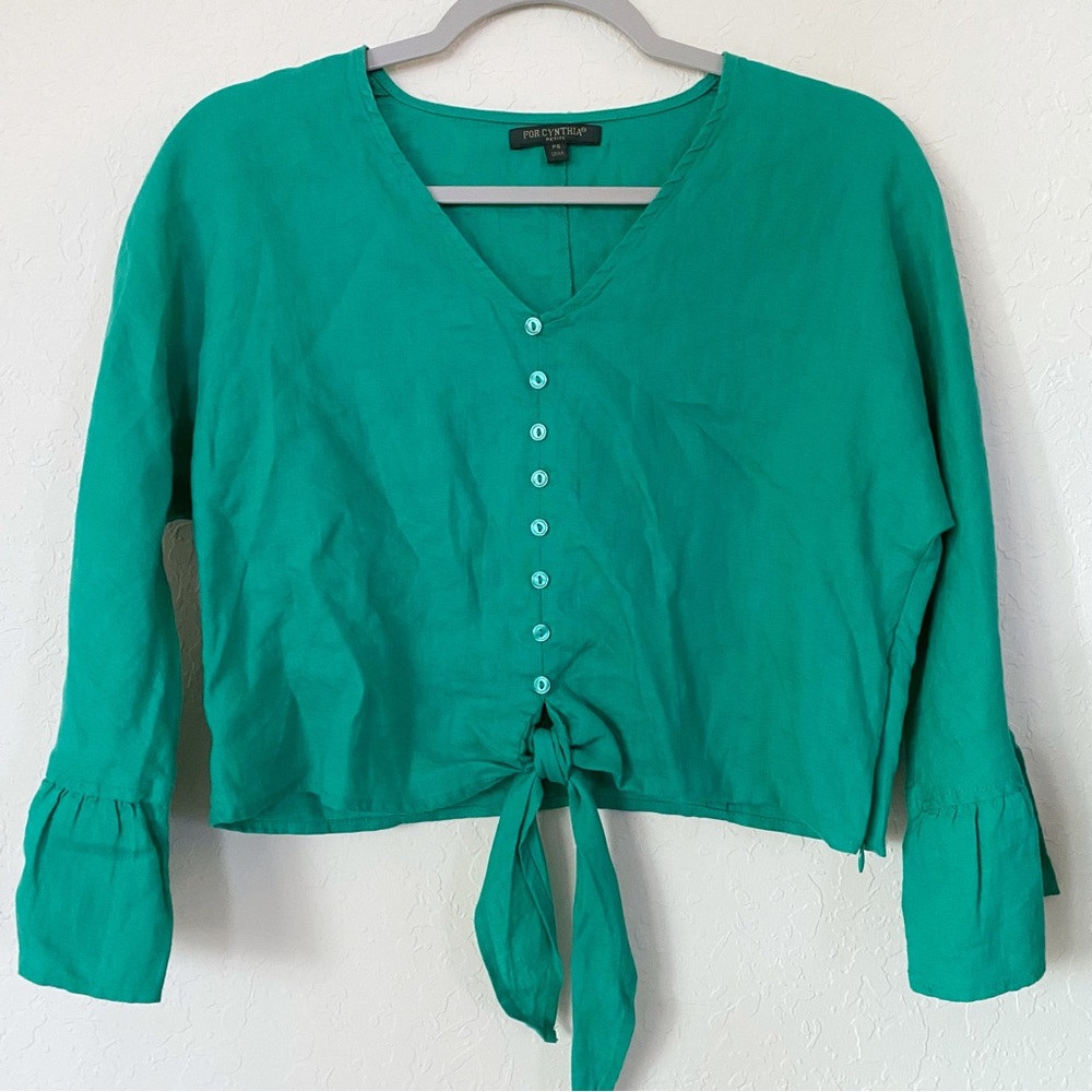 For Cynthia 100% Linen Green Tie Hem Crop Top Size Petite Small SP
